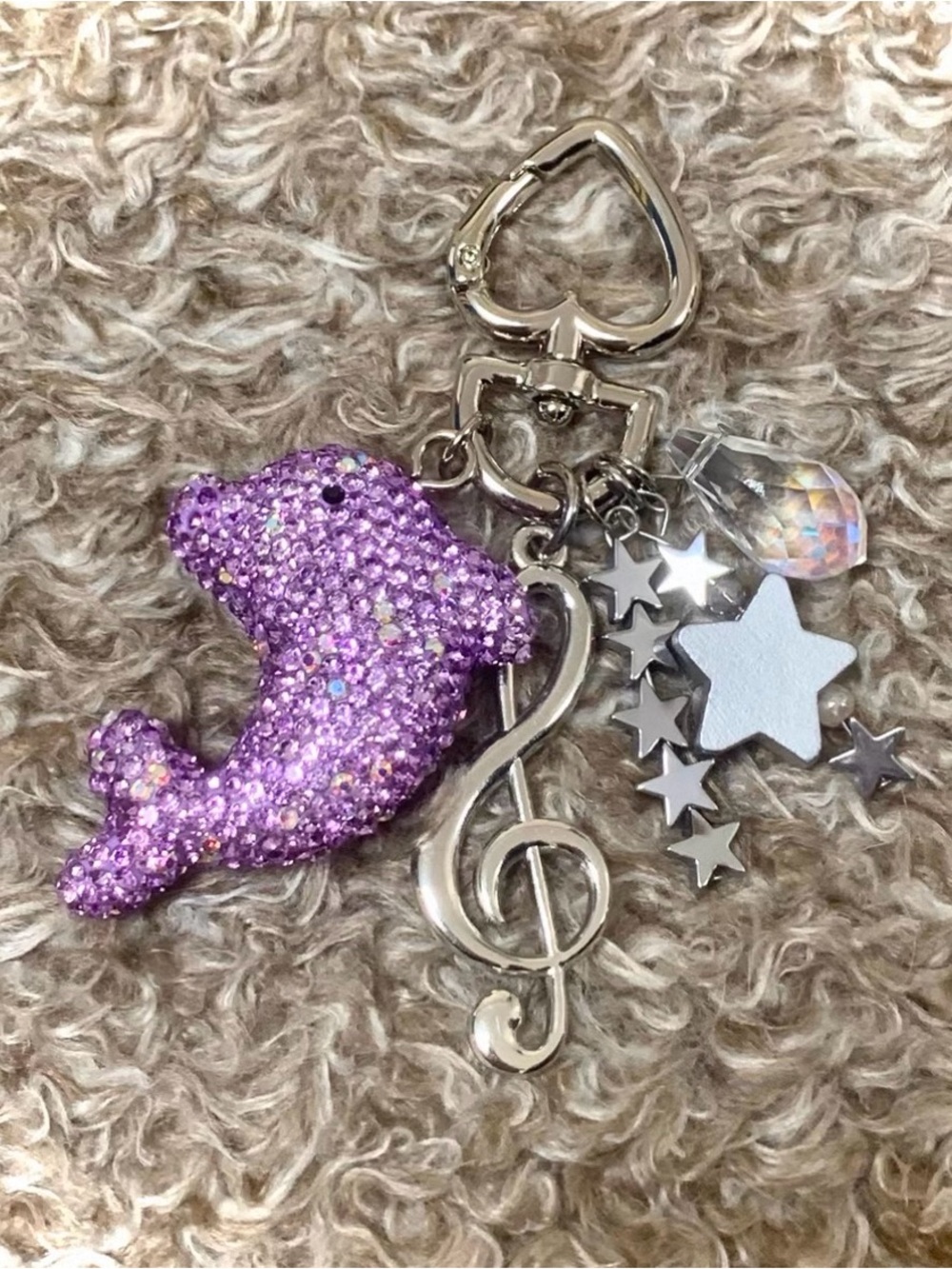 Handmade Y2k Sparkly Rhinestone Purple Dolphin Crystal Star Music Note Bag Charm